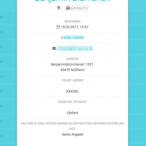 Du siehst zu jedem Bewerber mit einem Klick, alle Infos. Dann kannst Du Dich für Ihn oder gegen Ihn entscheiden oder Ihn zu einem Vorstellungsgespräch einladen.