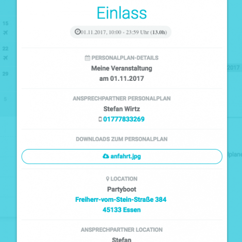 Klicke auf einen Job um die Details zu sehen, dir zugehörige Dateien herunterzuladen oder falls von der Agentur aktiviert den gesamten Personalplan anzusehen.