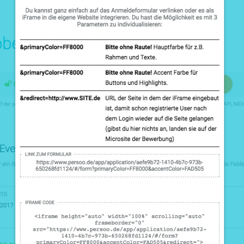 Zum einbinden in die Eigene lässt sich der Inhalt des iFrames noch an die Farben Deiner Website anpassen.